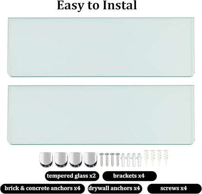 SAYAYO Floating Glass Shelves for Bathroom, Tempered Glass Shelf for Wall 15 x 5 Inch 2 Pack, Clear