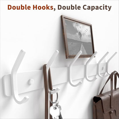Coat Rack Wall Mount Hooks - 15 Inch Matte White Metal 6-Hook Organizer Wall Mounted, Modern Kids Room, Entryway & Bathroom Hanger for Beach Towels, Coats, Purses, Bags (1 Pack)