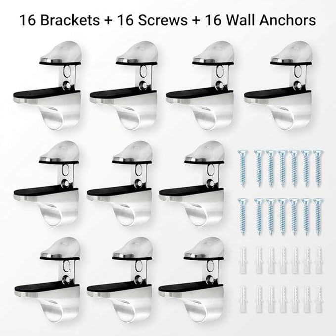 QWORK Adjustable Glass Shelf Bracket 16 Pack – Metal Wall Mount Clamp with Rubber Pads for Bathroom, Kitchen & Living Room