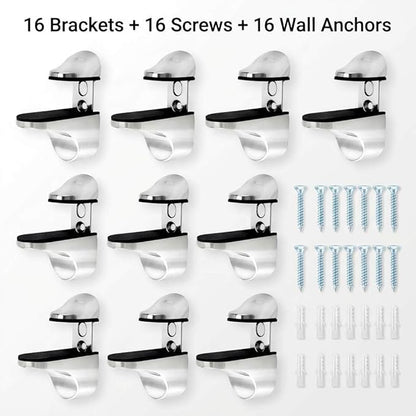 QWORK Adjustable Glass Shelf Bracket 16 Pack – Metal Wall Mount Clamp with Rubber Pads for Bathroom, Kitchen & Living Room