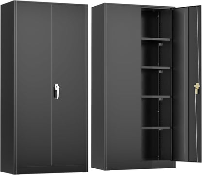 Metal Garage Storage Cabinet, 72” Lockable File Cabinets with 2 Doors and 4 Adjustable Shelves, Steel Tool Cabinets with Lock for Office, Home, Gym, Black