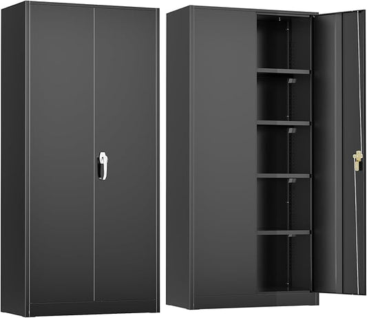 Metal Garage Storage Cabinet, 72” Lockable File Cabinets with 2 Doors and 4 Adjustable Shelves, Steel Tool Cabinets with Lock for Office, Home, Gym, Black
