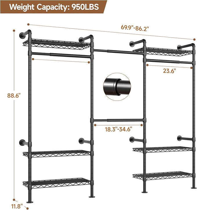 P3 Industrial Pipe Closet System, Wall Mounted Garment Racks with 4 Telescopic Rods & 6 Mesh Shelves, Heavy Duty Clothing Clothes Rack for Walk-in Closets (Black)