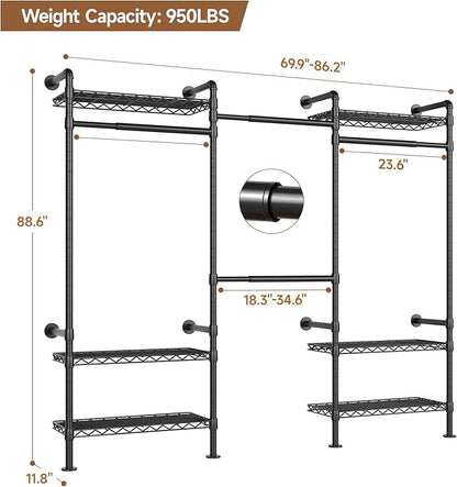 P3 Industrial Pipe Closet System, Wall Mounted Garment Racks with 4 Telescopic Rods & 6 Mesh Shelves, Heavy Duty Clothing Clothes Rack for Walk-in Closets (Black)
