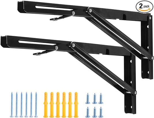 YUMORE 16 Inch Folding Shelf Brackets, Heavy Duty Collapsible Shelf Bracket, Black DIY L Bracket for Workbench Folding Table Hinge, Max Load: 330lb, Pack of 2