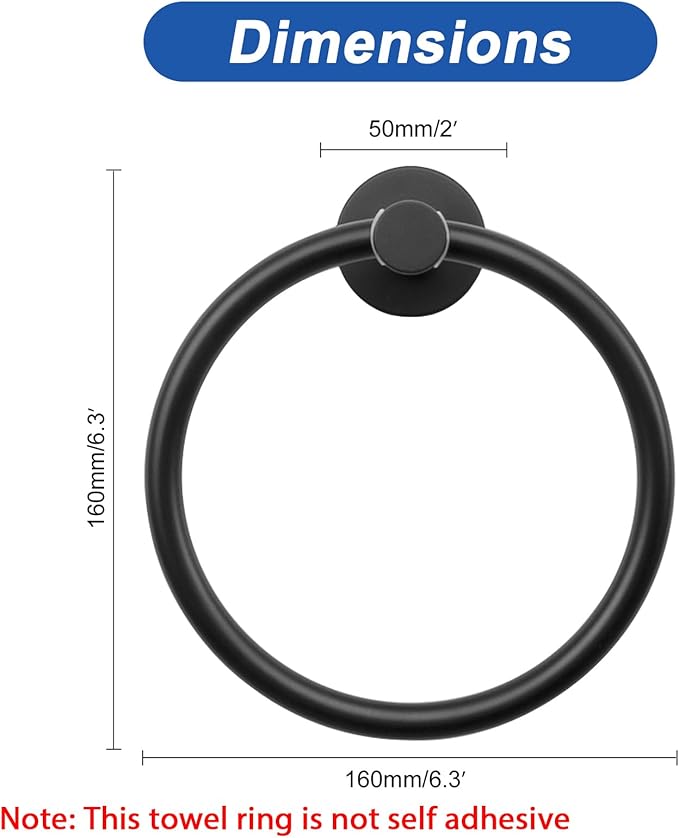 NearMoon Bath Towel Ring, Bathroom Hardware Accessories-Thicken Stainless Steel Hand Towel Holder for Bathroom, Modern Round Towel Hanger Wall Mounted (Matte Black, 2 Pack)
