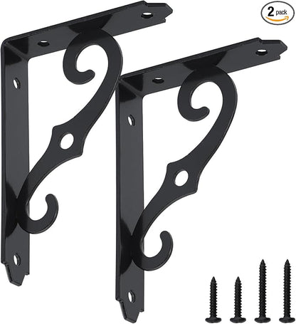 HOME MASTER HARDWARE Decorative Shelf Brackets 5x3-1/2 in Wall Mounted Floating Shelf Bracket L Heavy Duty Support Corner Brace Joint Right Angle Bracket for DIY Open Shelving with Screws Black 2 Pcs