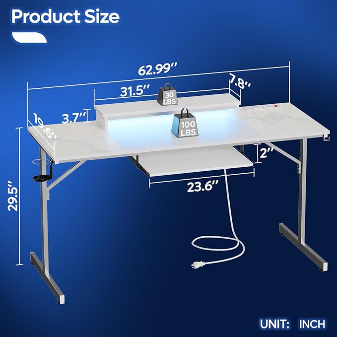 Bestier 63 Inch Gaming Desk with LED Lights & Power Outlets Computer Desk with Laptop Stand & Keyboard Tray Modern PC Desk with Headset Hook for Home Office, Carbon Fiber and Marble Splicing White
