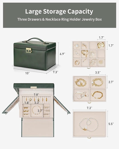 Vlando Jewelry Box for Girls, 4-Tier Jewelry Organizer with Lock, Mirror Jewelry Box for Earring, Ring, Necklace and Bracelets - Green
