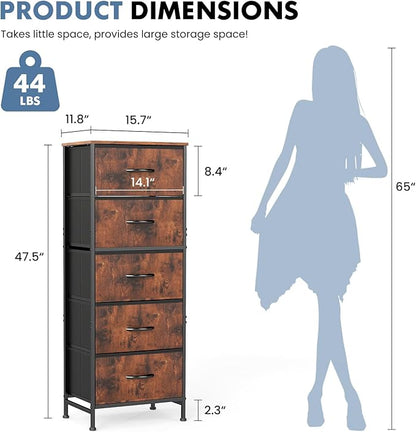 DUMOS Nightstand with 5 Drawers Bedside Table with Removable Fabric Bins Sturdy Steel Frame Wood Top Organizer Furniture for Bedroom Closet Living Room, Brown