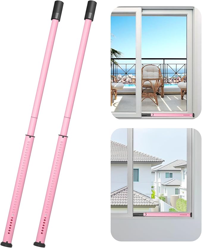 AceMining Sliding Door Security Bar,Heavy Duty Sliding Patio Door Lock Bar, 20-50inch Adjustable Multi-use Window Security Bars, Sliding Door Stopper,Pink,2Pack