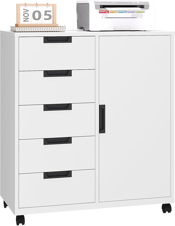 Office Storage Cabinet, 5 Drawer Metal Cabinet w/Universal Wheels, Printer Stand with Storage Shelves, Craft Storage Drawers, Rolling File Cabinets for Home Office (White)