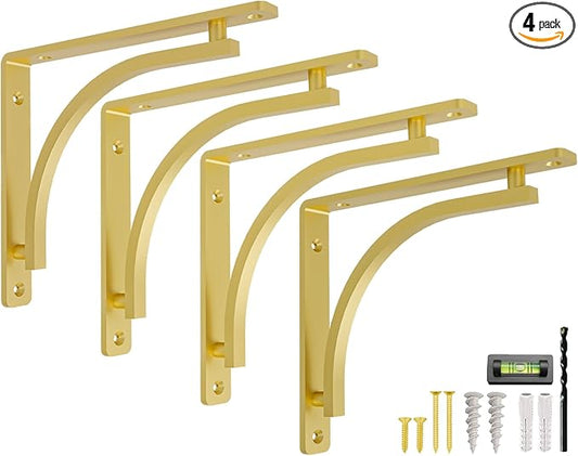 Classic Brass Heavy Duty Shelf Brackets 8 inch by Balin Designs – Gold L Bracket, Wall Mounted Support, Shelving Metal Bracket, Decorative Shelf Brackets, with Hardware Included, Set of 4