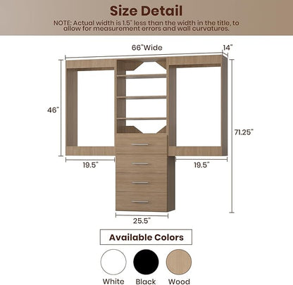 ROOMTEC Modular Closet System, 66" Wall-Mounted Closet Organizer with Drawers and Hanging Rods, Wooden Tower for Walk-In Closets, Wardrobe Storage Kit, Wood