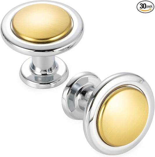 KOOFIZO 30 Pack Gold and Chrome Kitchen Cabinet Knobs Brushed Gold and Chrome Drawer Knobs 1960 Round Single Hole Cabinet Pulls for Cabinets Drawers Dresser Cupboard Bedroom Bathroom