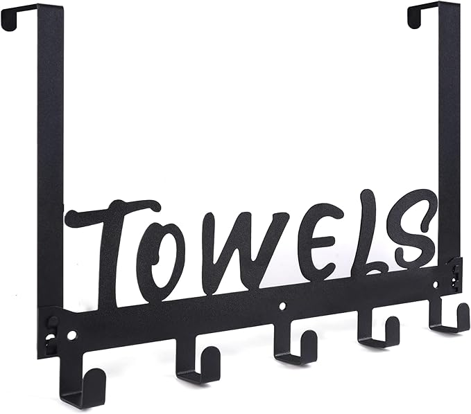 Over The Door Hook, Towel Holder Towel Hook for Bathroom, Towel Hanger Door Rack with 5 Coat Hooks, Over The Door Hanger Towel Rack for Bathroom, Bedroom Towels Coats, Black