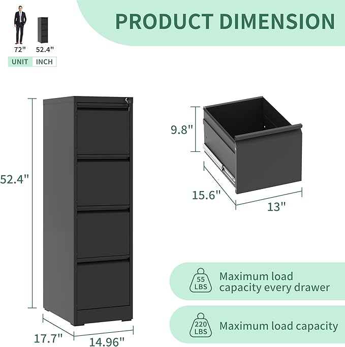 File Cabinet 4 Drawer with Lock, Vertical Filing Cabinets for Home Office, Metal Steel Storage Cabinet for Letter/Legal Size File, Assembly Required(Black)