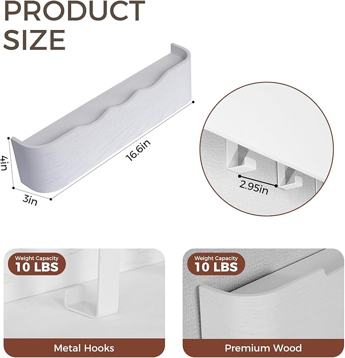 Wall Coat Rack Floating Shelves Modern Coat Rack Wall Mount with Storage Entryway Shelf Wooden Hanger 20 Inch 4 Hidden Metal Hooks for Living Room Bedroom (Wavy White, 4 Hooks)