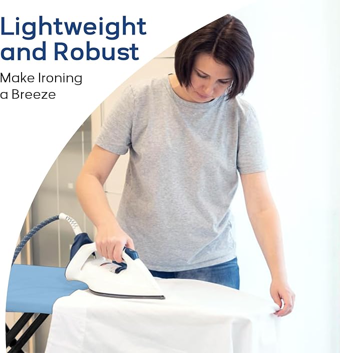 Compact Ironing Board Full Size 43x13 with Extra Thick Padded Cover, Height Adjustable Iron Board with Hanger, Easy to Fold Space Saver Design for Dorm Apartment Small Laundry Rooms, Blue