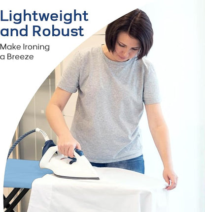 Compact Ironing Board Full Size 43x13 with Extra Thick Padded Cover, Height Adjustable Iron Board with Hanger, Easy to Fold Space Saver Design for Dorm Apartment Small Laundry Rooms, Blue