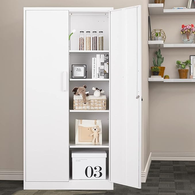 MIIIKO 72" White Metal 5-Shelf Cabinet with Locking Doors, 36" Wide Snap-Latch Steel Cabinet for Home Office, Pantry, School