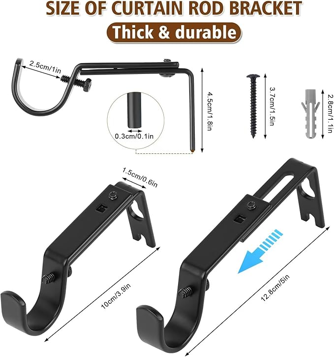 Heavy Duty Wall Mount Brackets - Adjustable Iron Curtain Rod Holders for 1" Rods, Complete Hardware Kit with Screws & Anchors (2 Pack)