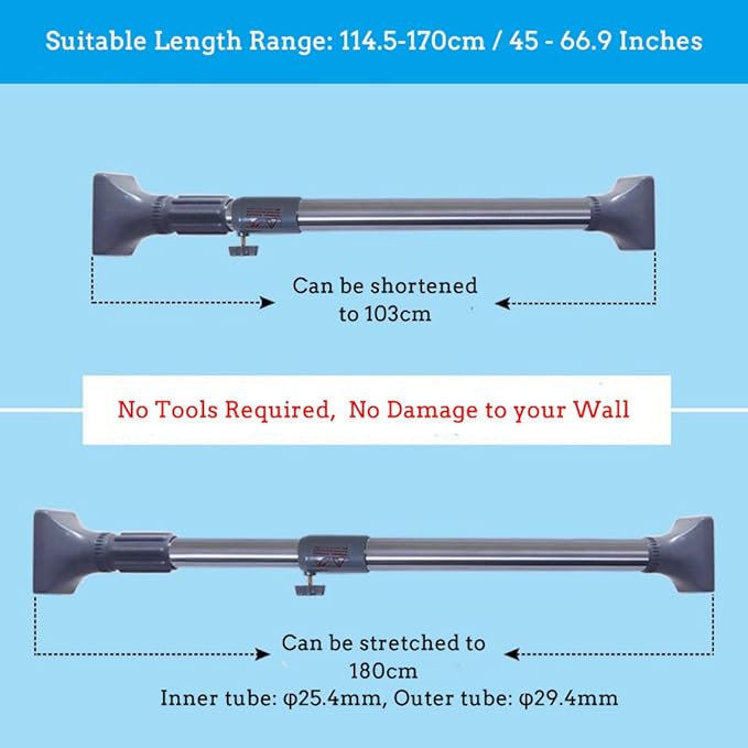 BAOYOUNI Expandable Shower Curtain Tension Rod Metal Window Closet Wardrobe Rail Clothes Hanger Drying Rack 29.4mm Diameter (Grey, 45-66.9 Inches)