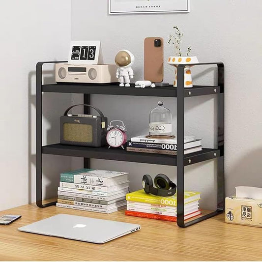 Hbluefat Desktop Organizer Shelf, 2-Tier Multipurpose Tabletop Storage Bookshelf, Small Wooden Countertop Storage Rack for Home Office Kitchen (Black+Black)