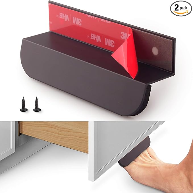 2-Pack Under Cabinet Foot Pull with Adhesive and Screws, Hands Free Toe Foot Pull Opener for Kitchen Trash Cabinet Drawer, 4 Inch (Matte Black)