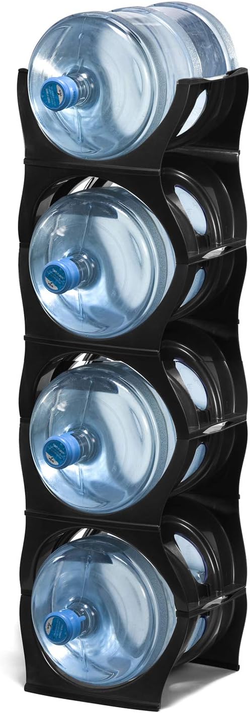 Bariboo Stackable Water Bottle Storage Rack Best Water Jugs 5 Gallon Organizer. Jug Holder for Kitchen, Cabinet and Office Organizing. Reinforced Polypropylene (Black, 4 No Shelf)