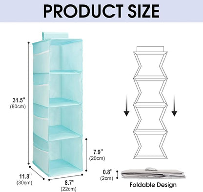 PetsHome 4-Shelf Hanging Closet Organizer, Space Saver, Closet Hanging Storage Shelves with Mesh Pockets & Magic Tap for Storage, Foldable-Blue