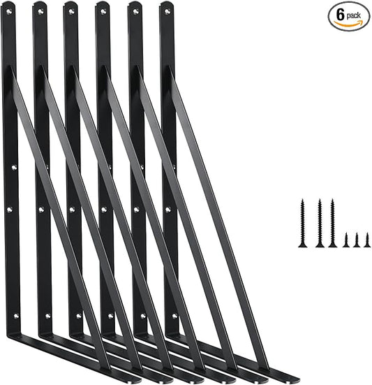 6 Pack L16 x H 10" Black Heavy Duty Shelf Brackets with Screws Metal Shelf Brackets Shelf Support Angle Brackets for Shelves L Brackets Heavy Duty Floating Shelf