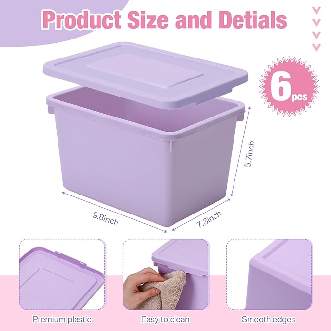 6 Pack Cute Plastic Storage Bins with Lids Decorative Stackable Storage Boxes 9.8" ×7.3" ×5.7" Small Storing Totes for Organizing Craft Office Supplies (Pink,Purple)