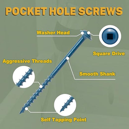 LIONMAX Pocket Hole Screws 2 Inch, 600 PCS Exterior Pocket Screw #8 x 2, Coarse Thread, Square Drive, Blue Coated Weather Resistant Pocket Hole Screws, 150MM Drive Bit Included