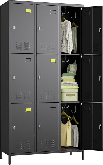 Aobabo New 9 Doors Metal Storage Locker for Employees, Lockable Steel Locker with Name Card Slot and 27 Hooks for School Office Gym Garage, Black, Assembly Required