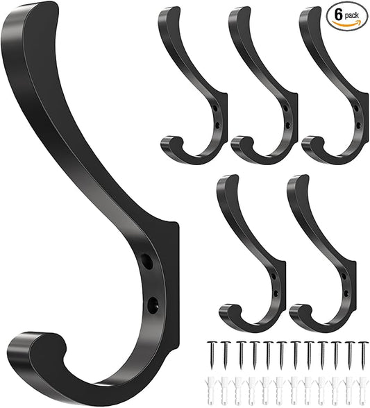Hanging Coat Hooks Wall Mount - Heavy Duty (30LB), Large Coat Hanger Wall Hangers, Metal Hooks For Towels, Backpacks, Hats, Jackets, Keys, Bags, Robes, Dog Leashes (6 Pack)