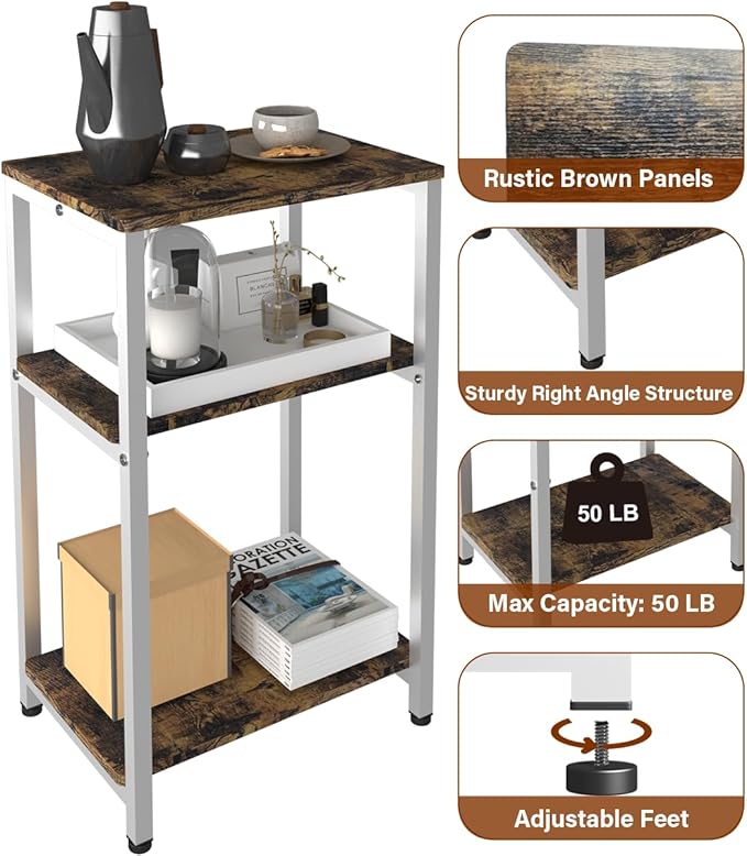 3 Tier Side Table, Heavy Duty End Table with Shelves, Narrow Nightstand Table for Small Spaces, Record Player Table for Bedroom, Living Room, Sofa Couch - Rustic Brown & White