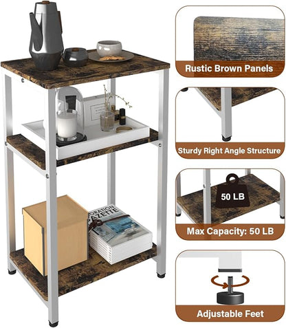 3 Tier Side Table, Heavy Duty End Table with Shelves, Narrow Nightstand Table for Small Spaces, Record Player Table for Bedroom, Living Room, Sofa Couch - Rustic Brown & White