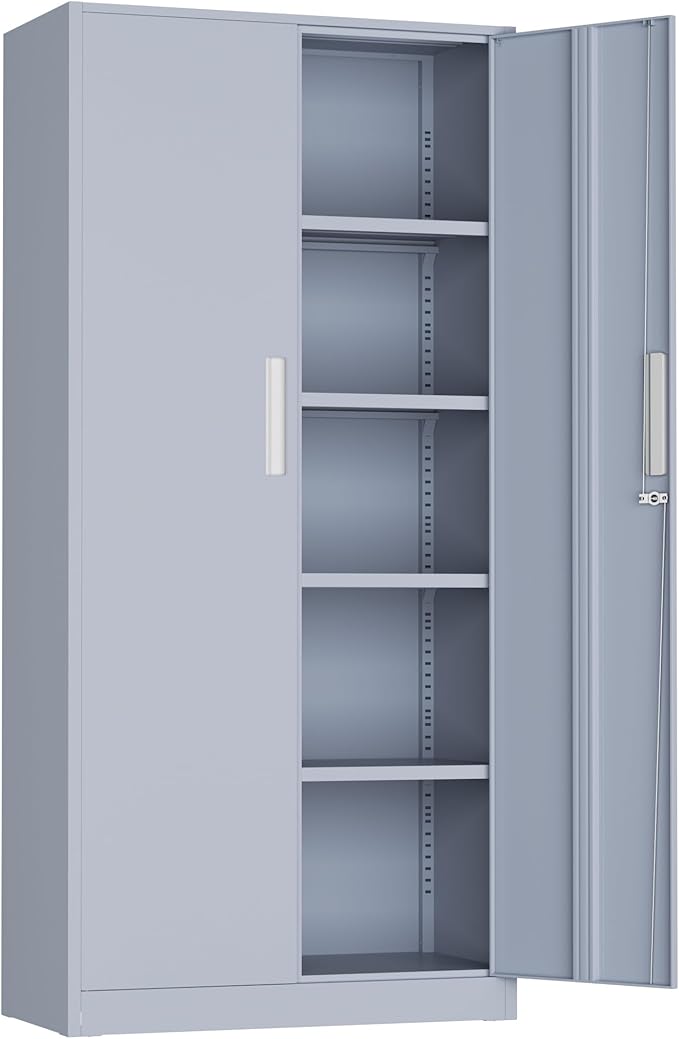 72” Metal Storage Cabinet, Lockable File Cabinets with 2 Doors and 4 Adjustable Shelves, Steel Tool Cabinets with Lock for Office, Home, Gym, Cement Grey-Small