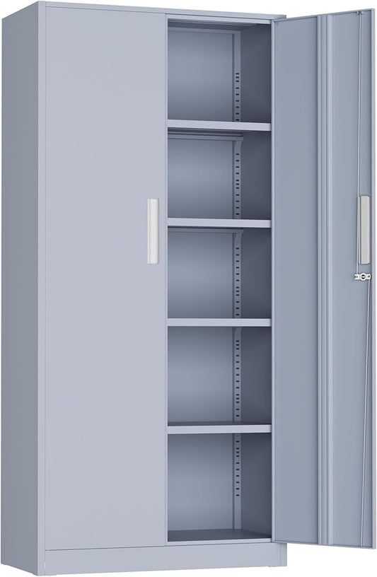 72” Metal Storage Cabinet, Lockable File Cabinets with 2 Doors and 4 Adjustable Shelves, Steel Tool Cabinets with Lock for Office, Home, Gym, Cement Grey-Small