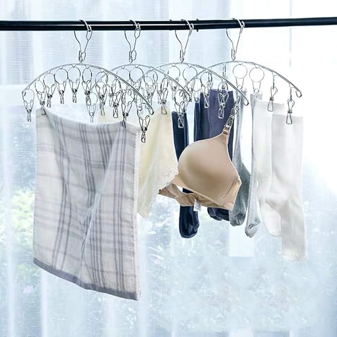 Suwimut 10 Pack Laundry Drying Rack Clothes Hanger with 10 Clips, Stainless Steel Clothes Drying Rack Sock Hangers Windproof Clip and Drip Hanger for Drying Socks, Bras, Towel, Underwear, Diapers