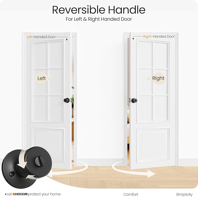 HOSOM Privacy Door Knob with Lock, Matte Black Door Knob Set, Black Door Handles Interior, Keyless Doorknobs Interior Door Lock for Bedroom, Bathroom, 1 Pack