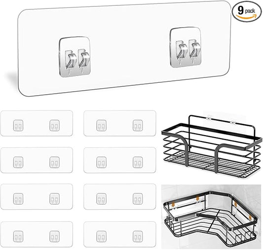 9 Pack Shower Caddy Adhesive Replacement Stickers,Strong Hooks for Caddy, Clear Waterproof Adhesive Strips, No Drilling for Kitchen Racks and Bathroom Storage Shelves (Clear 2 Hooks)