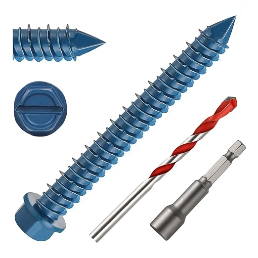 1/4" x 2" Concrete Screws, 50 PCS Blue Hex Washer Head Concrete Screws Anchor Kit with Drill Bit and Hex Bit Socket, for Masonry, Cement, Block, Brick or Stucco
