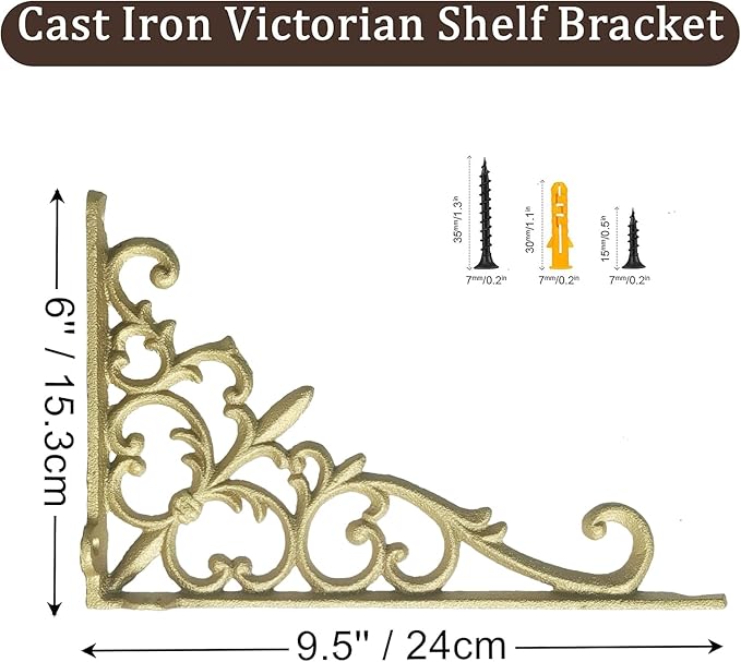 Z Metnal Decorative Shelf Brackets, 6 x 9 inch, Cast Wrought Iron Metal Mailbox Bracket, 90° Right Angle Victorian Brackets, Wall Decor, Modern Shelving Bracket for DIY Floating Shelves, Gold, 2 Pcs