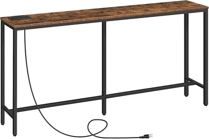 63" Console Table with Power Outlet, Narrow Sofa Table, Industrial Entryway Table with USB Ports, Behind Couch for Entryway, Hallway, Foyer, Living Room, Bedroom, Rustic Brown CTHR16E01Z