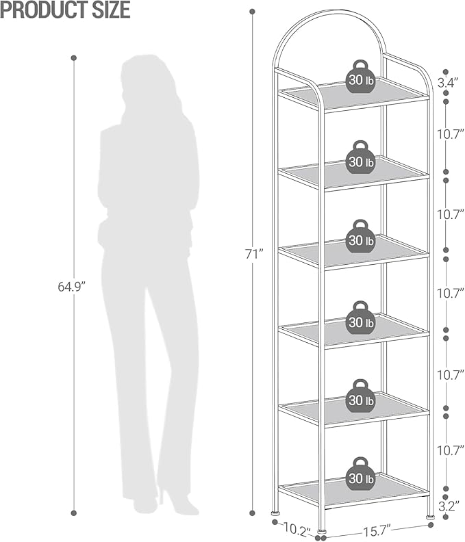Bookcase Bookshelf, Tempered Glass Bookshelves, Slim Shelving Unit for Bedroom, Bathroom, Home Office, Steel Frame, 6 Tier Gold BC10601G