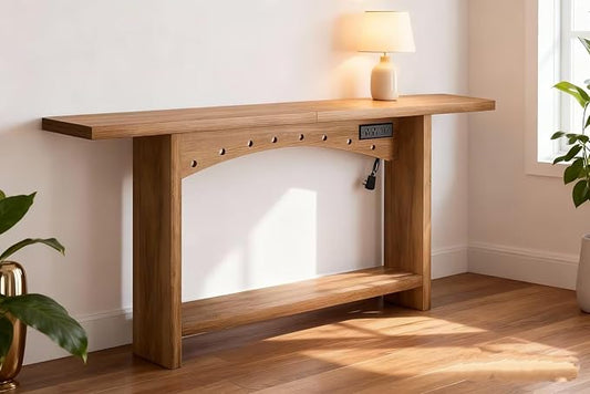 71" Console Table with Charging Station, Farmhouse Entryway Table, Entryway Table with Storage for Living Room or Foyer, Sofa Table for Hallway with Anti-Tip, Easy Assembly, Brown