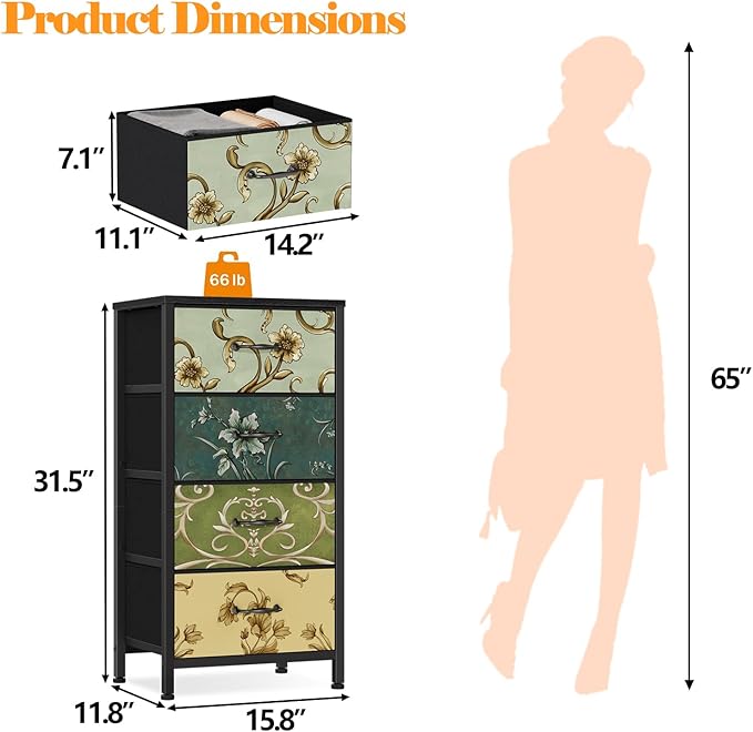 Furnulem 4 Drawer Dresser, Vertical Nightstand for Kids, Adult, Fabric Chest of Drawers for Bedroom, Living Room, Closet, Nusery, Storage Tower Unit Retro Style Furniture, Wood Desk Top