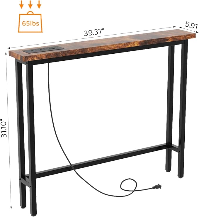 VINGLI 39" Console Table with Charging Station, 5.9" Narrow Sofa Table Behind Couch, Entryway Table with Power Outlet & 4.9 Ft Extension Cord & Adjustable Feet, for Living Room, Hallway, Rusitc Brown